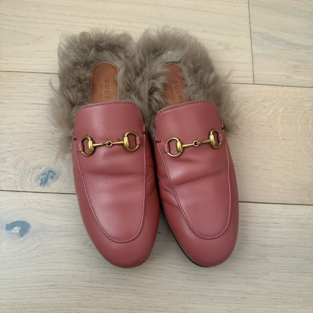 Gucci Pink Leather Fur-Lined Loafers